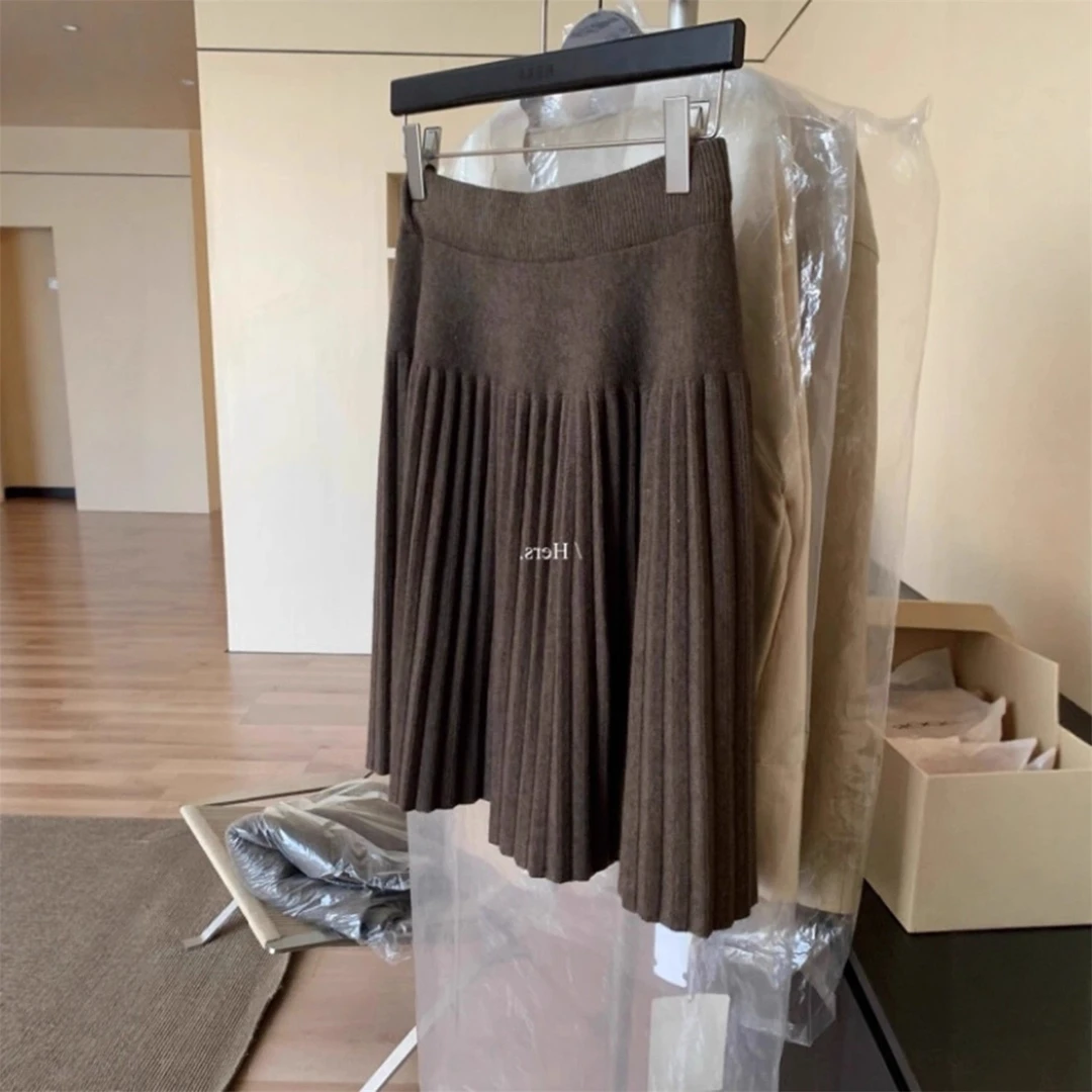 超好看咖色针织百褶半身裙女秋冬季加厚松紧腰百搭小个子a字中裙