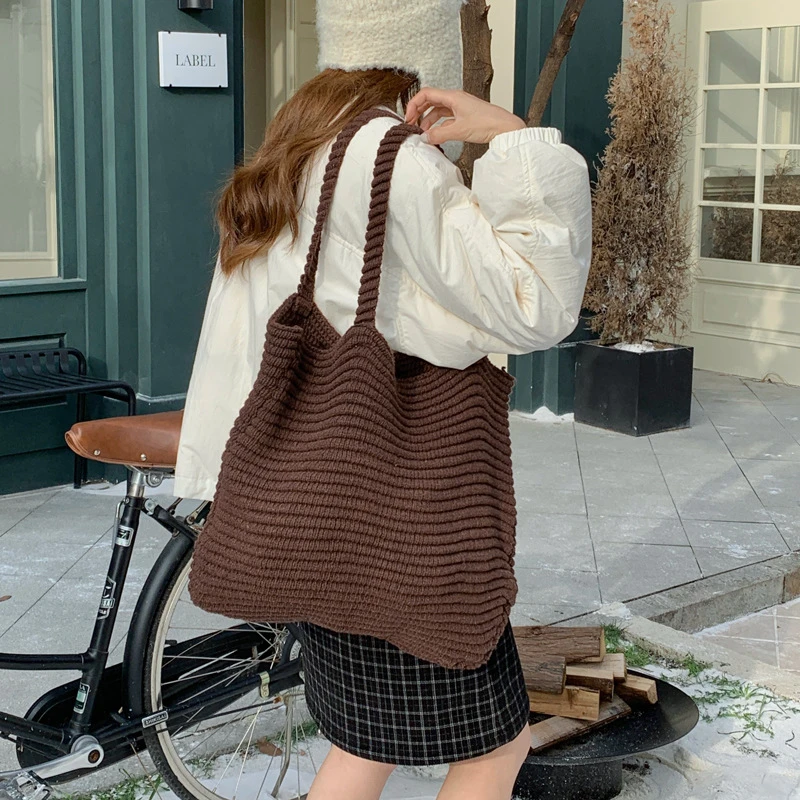 复古咖色针织手提袋女2025秋冬新款韩版编织包大容量出行针织包包