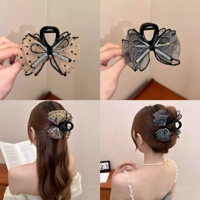 诗泊雅 发夹抓夹网纱蝴蝶结夹子日韩中号发抓水钻蝴蝶结抓夹