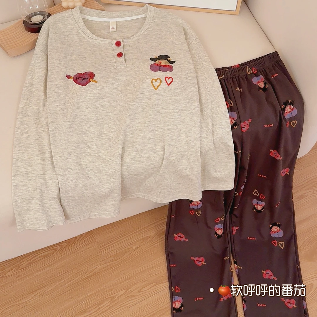 爱神鼠鼠｜睡衣女春秋季长袖双面精梳棉带胸垫可外穿套装家居服