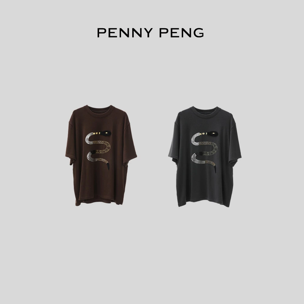 PENNYPENG小蛇系列春游出行时尚印花百搭两色圆领蛇钉珠短袖T恤