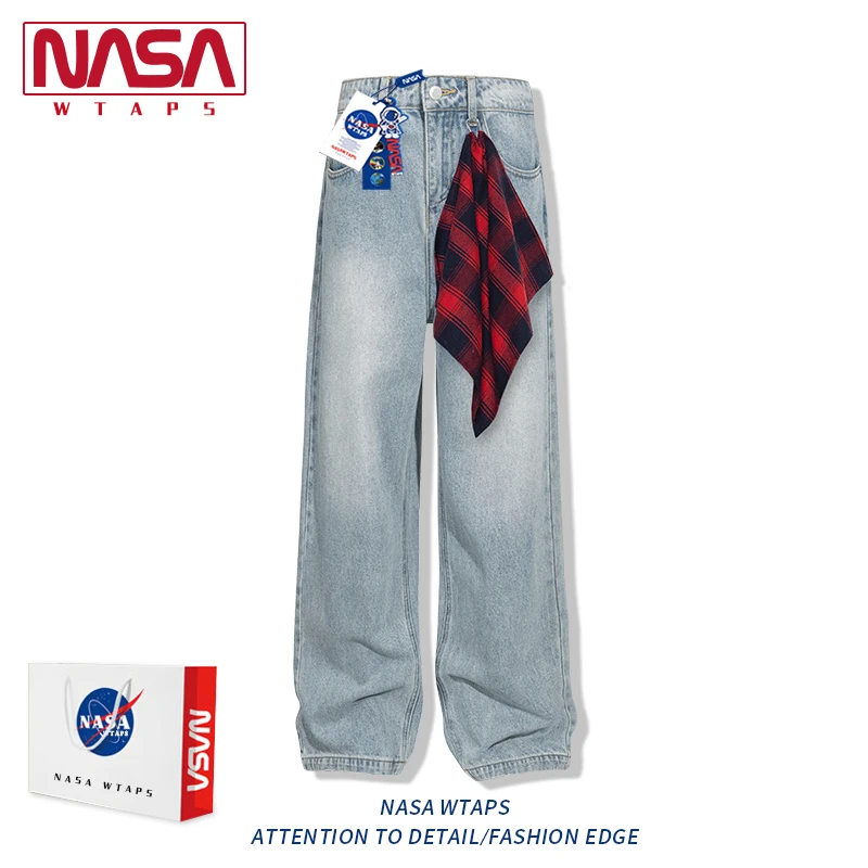NASA WTAPS红色格子方巾弯刀牛仔裤男设计感高街直筒微喇阔腿裤子
