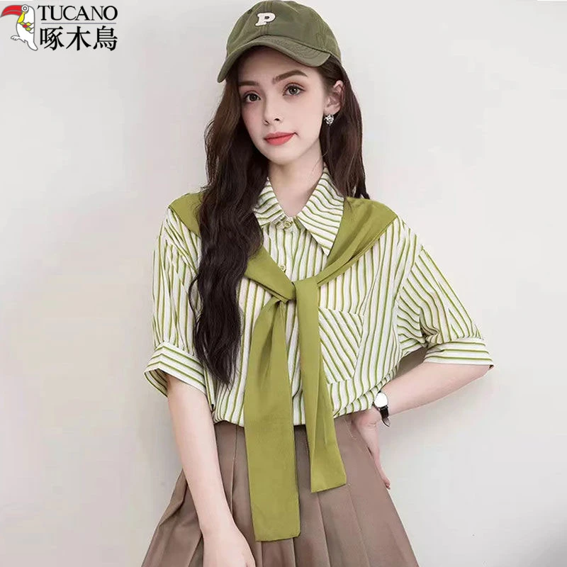 TUCANO/啄木鳥韩版短袖衬衫女新款爆款宽松减龄撞色条纹品质上衣