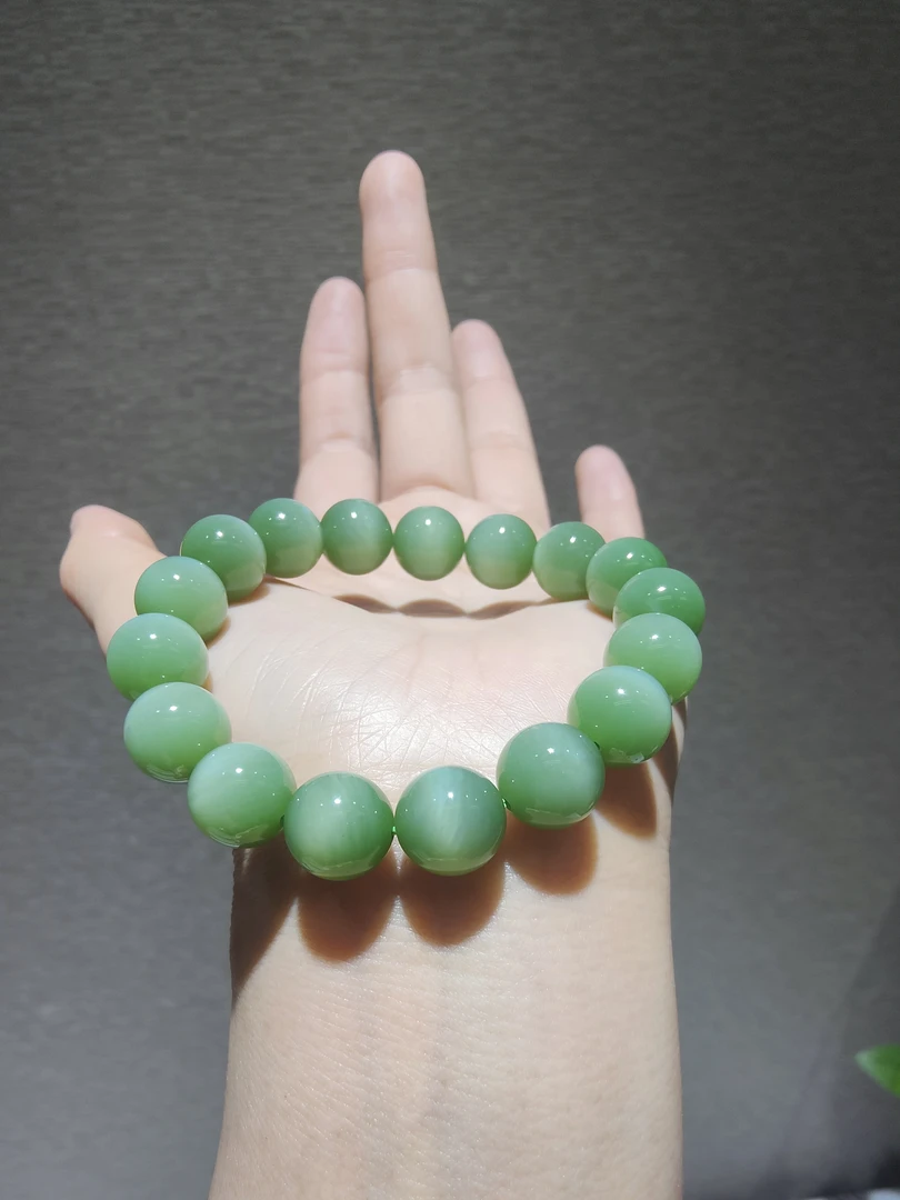 和田玉碧玉12mm单圈国风猫眼手串