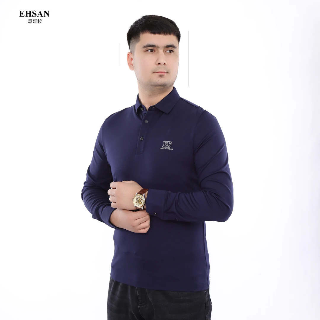 EHSAN 22052男士T恤长袖时尚休闲秋季针织翻领舒适纯色商务透气