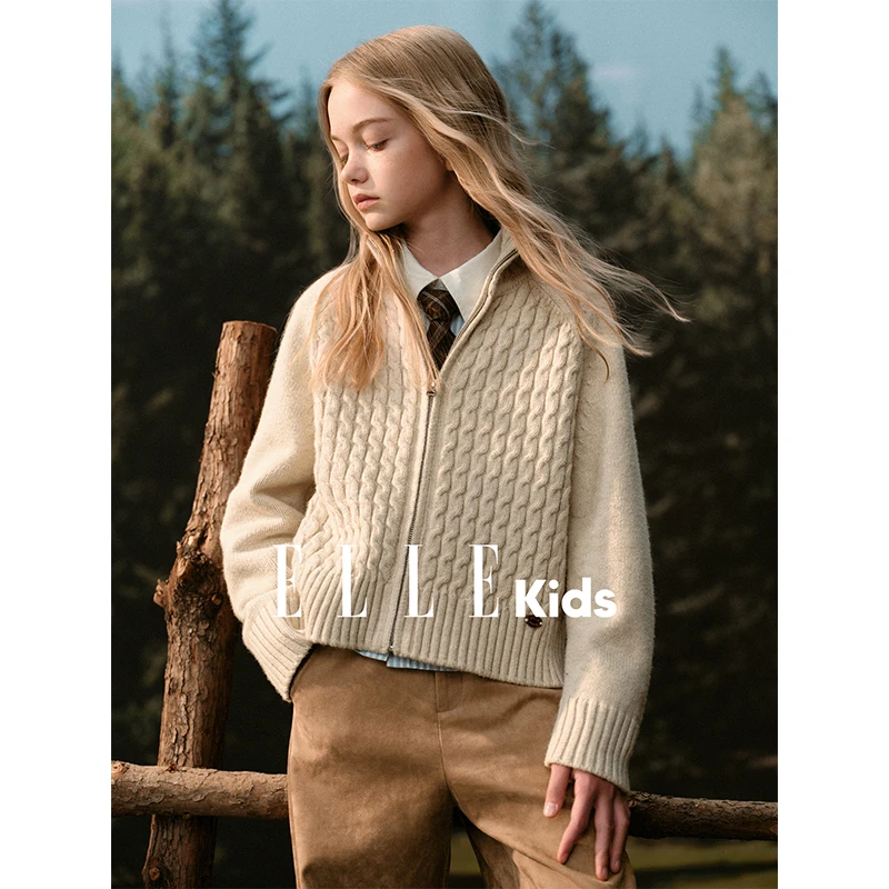 ELLE KIDS 绞花立领拉链毛衣女儿童秋季新款复古学院风针织衫Q4