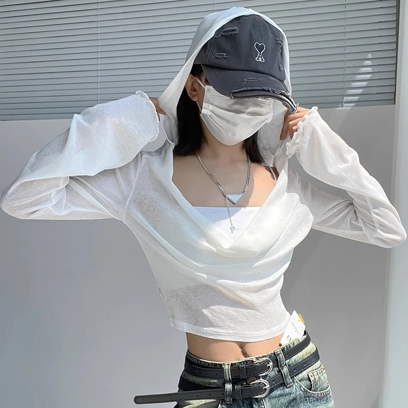 女夏甜酷辣妹长袖连帽t恤外搭短款防晒休闲薄款露脐百搭白色上衣