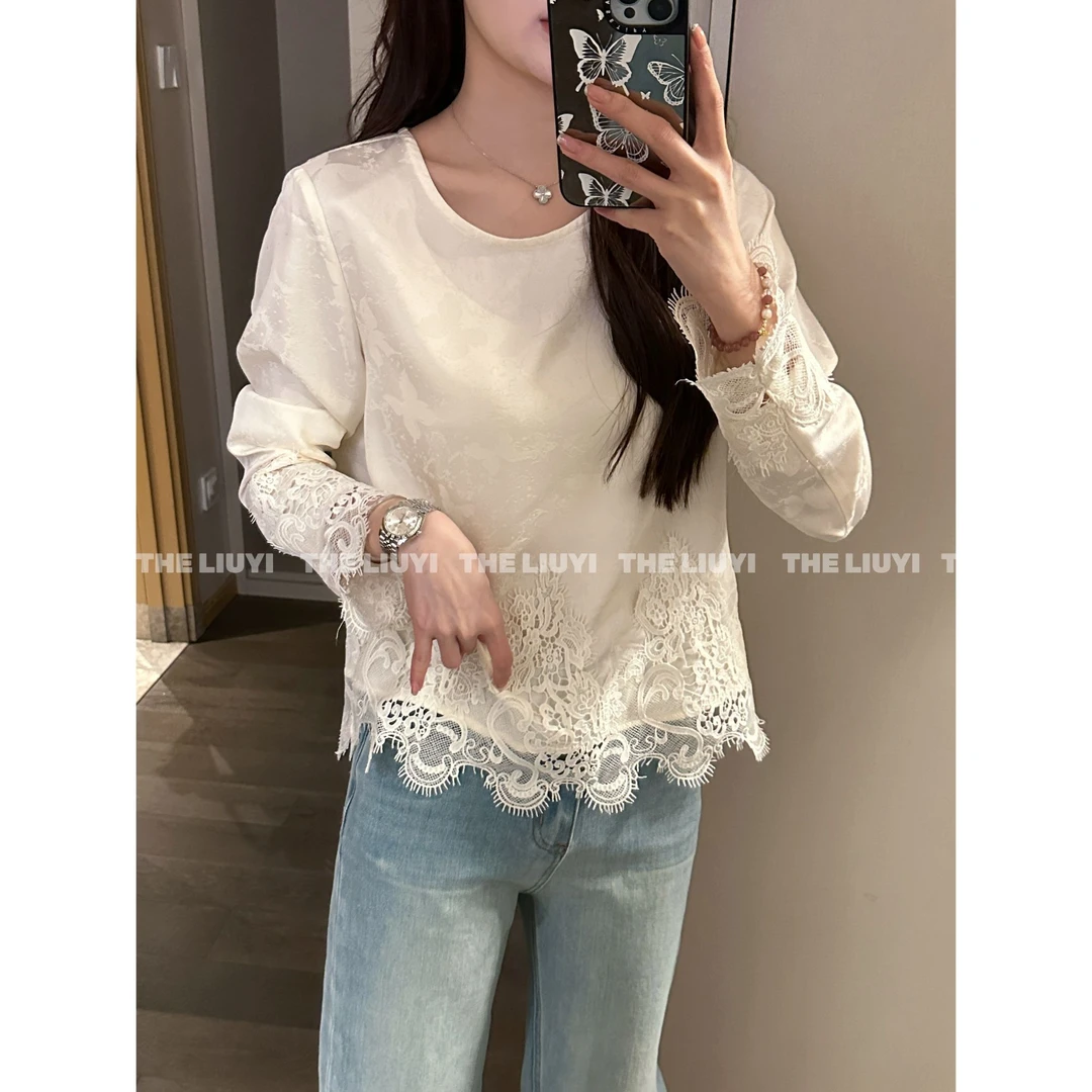 【LIUYI】半亩花田～春夏缎面提花蕾丝上衣53032