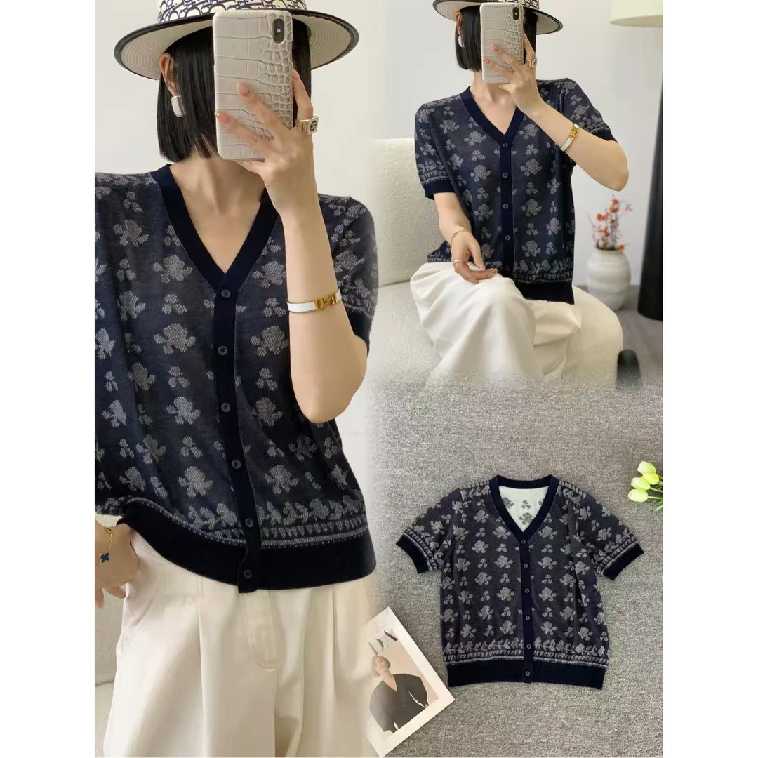 玉姐家 轻奢老花夏季T恤女假开衫短袖空调衫 新选f1201 J03920