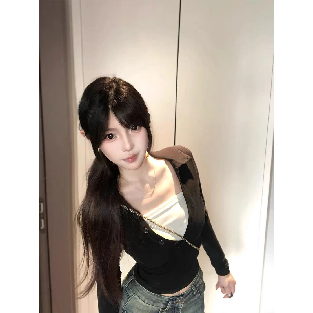 韩系复古假两件半纽扣长袖t恤女早秋修身百搭显瘦高级感气质上衣