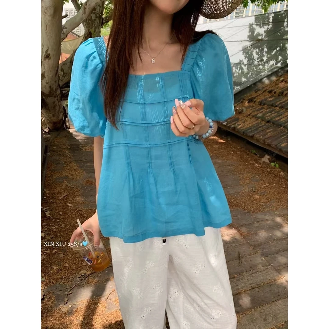 清新袖 89082韩系简约方领华夫格褶皱泡泡袖方领衬衫夏日绝美小衫