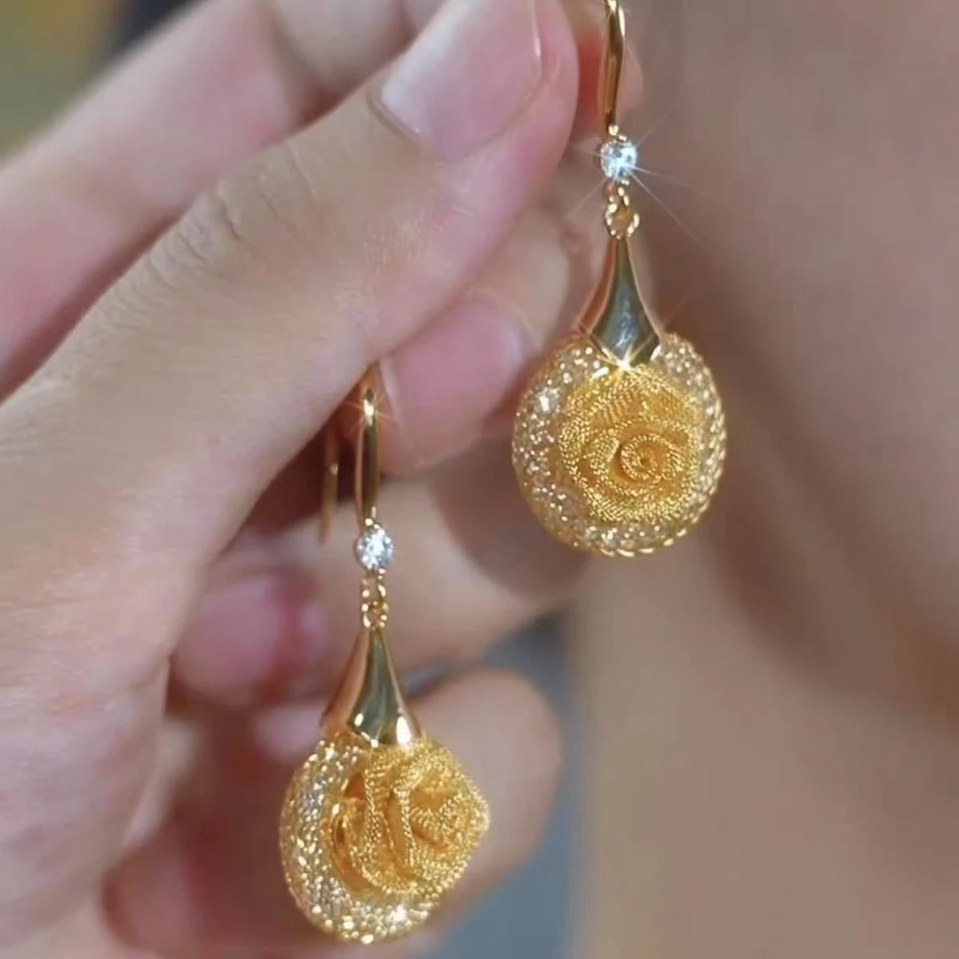 轻奢小众设计感金色网状玫瑰花耳环2025新款精致甜美气质显白耳钩