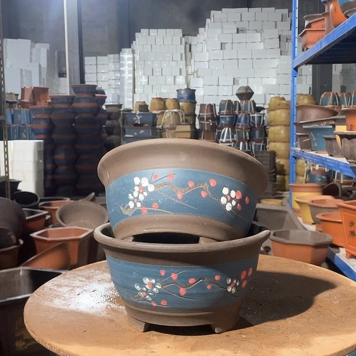 蓝色富贵点彩小号一对花盆