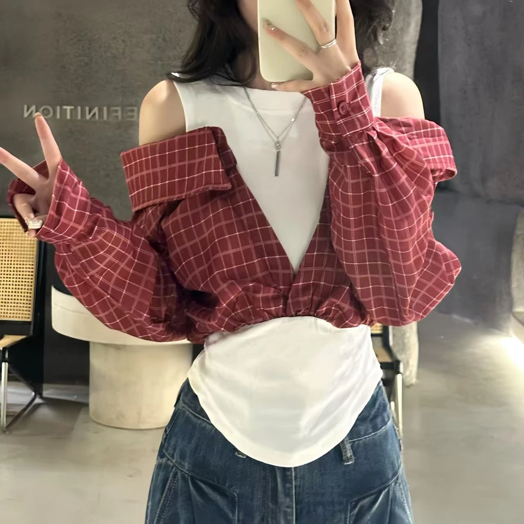 1036款韩版女拼接薄款长袖衬衫时尚短款百搭度假风