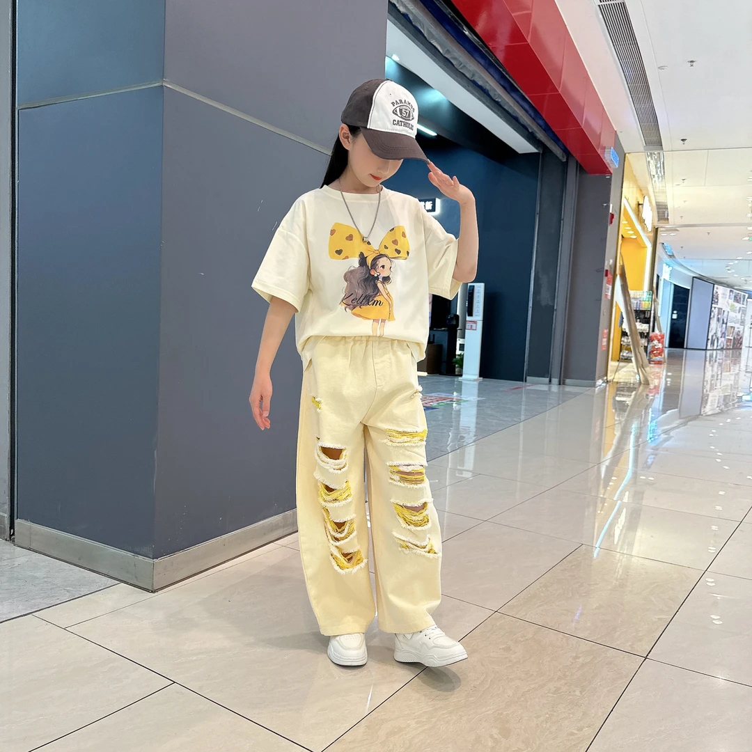 女童夏季套装2025新款短袖T恤搭配破洞牛仔裤洋气薄款休闲套装
