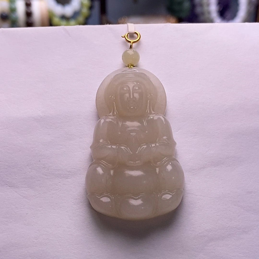 颈饰未镶嵌和田玉藕粉金镶大观音吊坠