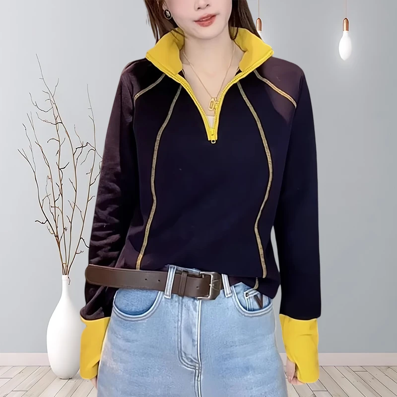独特漂亮小衫重工明线半拉链撞色女2025冬季新款休闲百搭显瘦立领