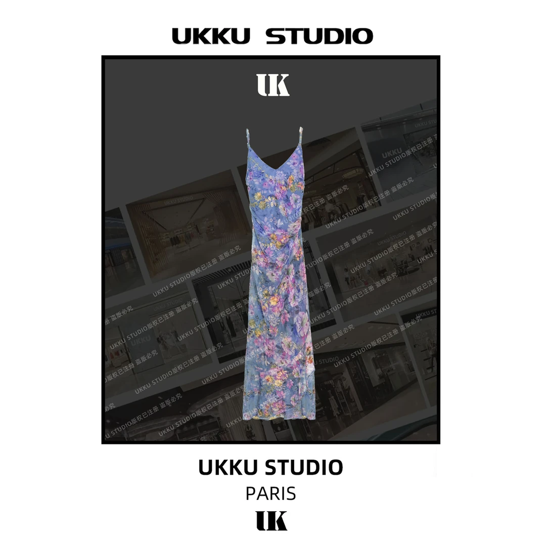 YT【UKKU STUDIO】【紫霞仙子】设计师玫收腰花朵吊带连衣裙813828