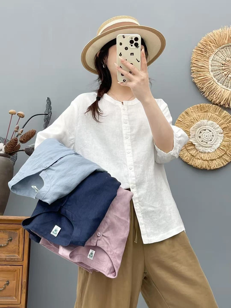 6105新中式圆领中袖全亚麻衬衫女文艺百搭宽松上衣