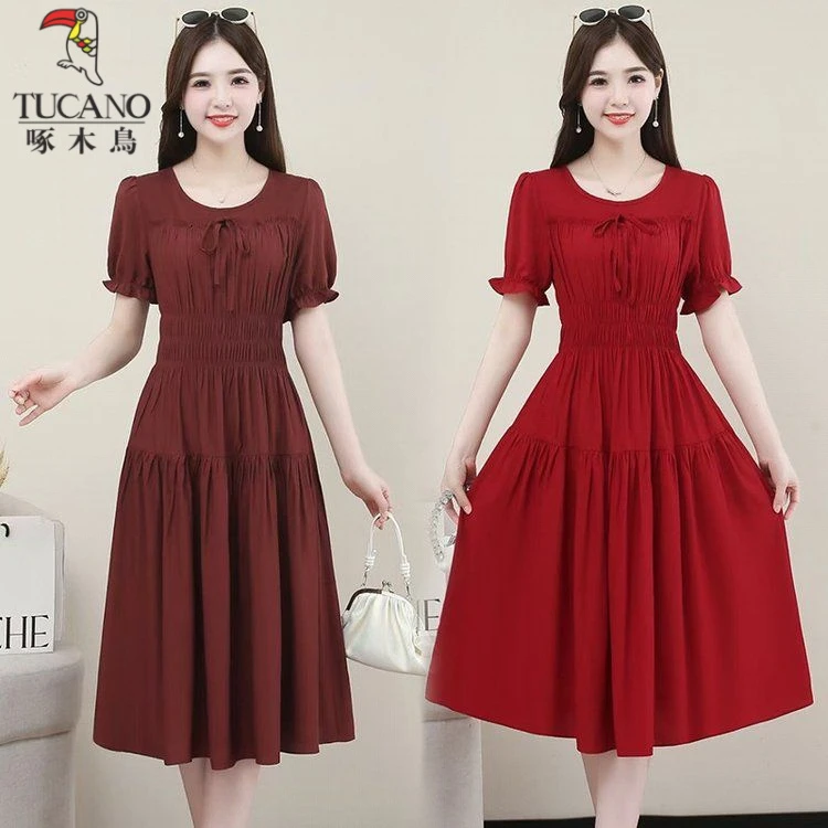 啄木鸟红色复古蝴蝶结绑带显瘦女夏短袖大摆洋气纯色气质优雅连衣