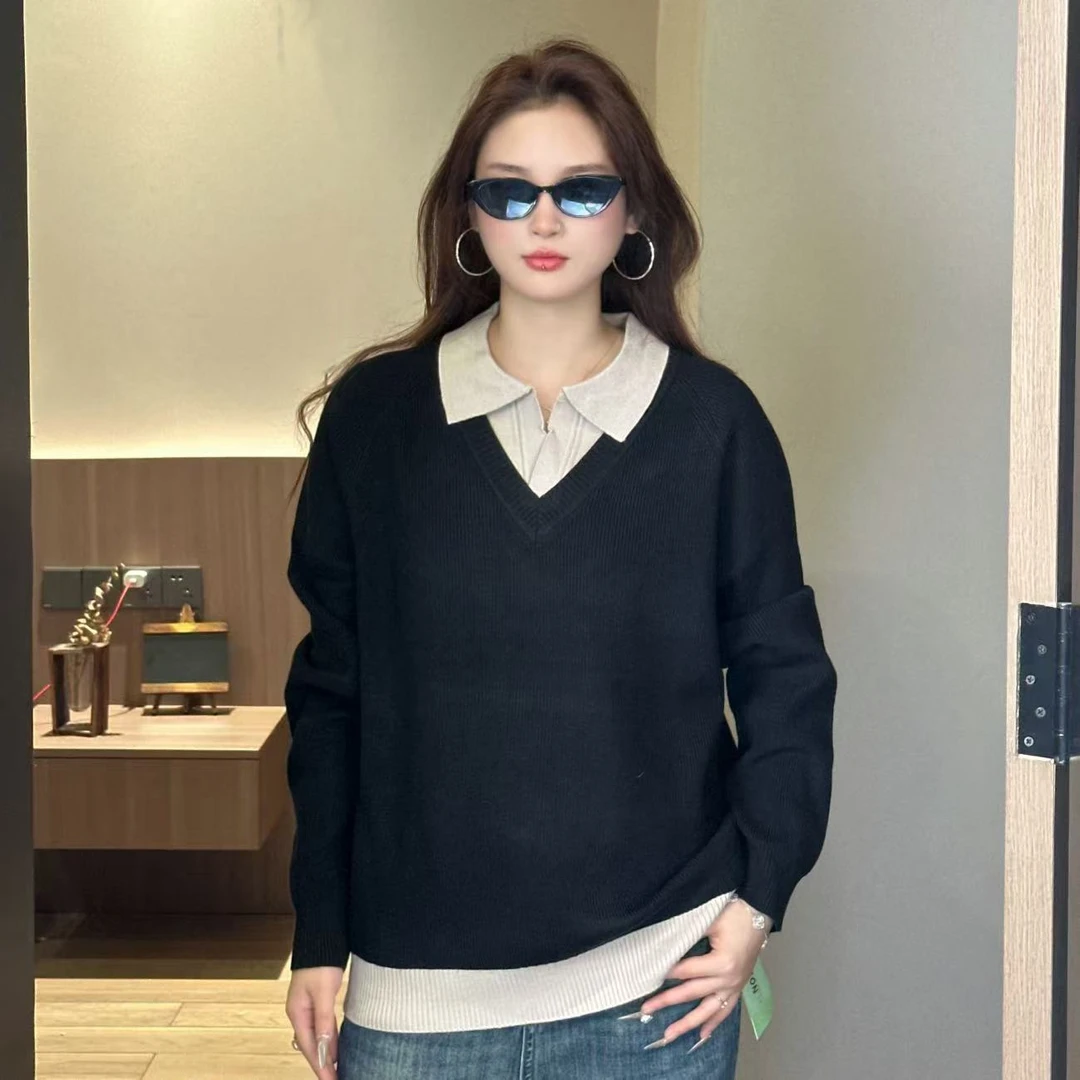 Beauline拼接长袖针织假两件秋冬季针织衫毛衣打底衫V领男女士