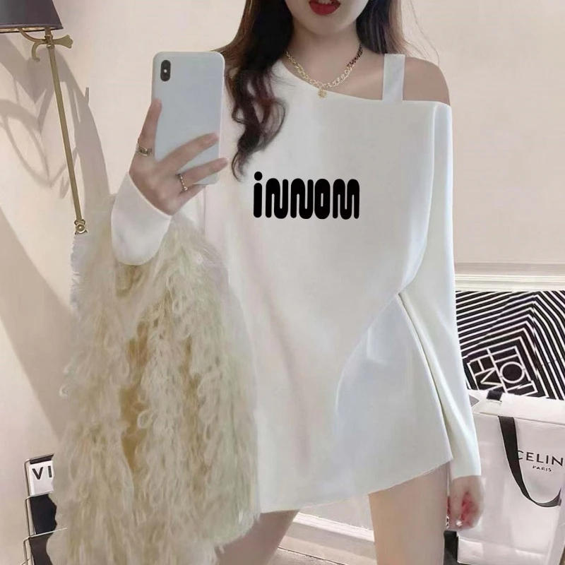 2025新款春秋设计感小众长袖t恤女露肩大码中长款打底衫上衣潮ins