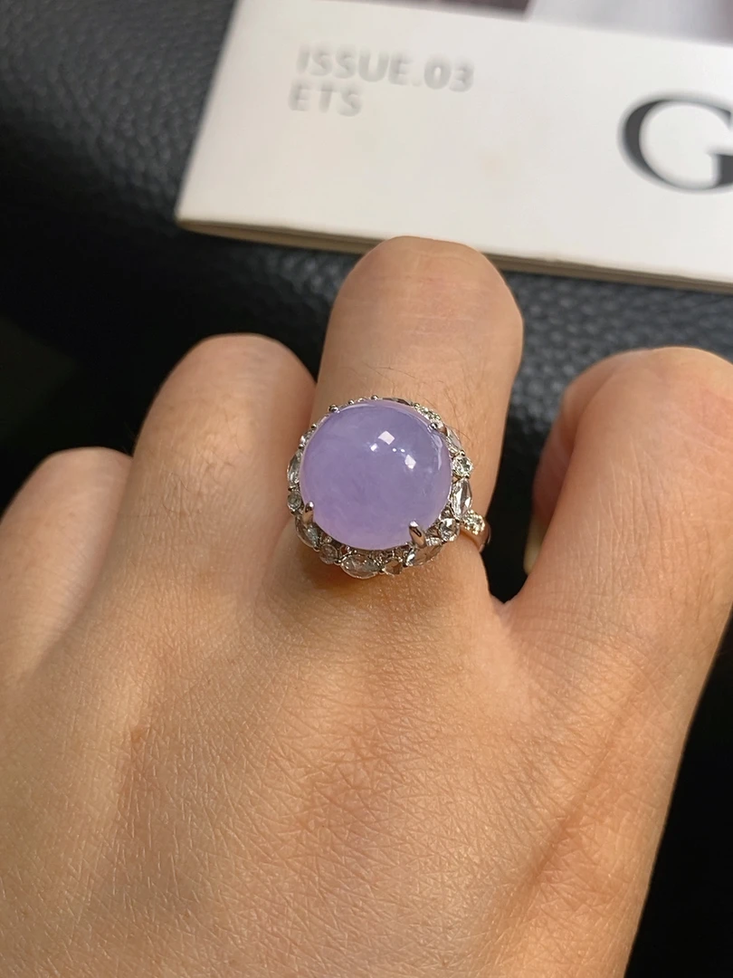 【伊玥珠宝】福利款天然缅甸翡翠A货 紫罗兰蛋面戒指