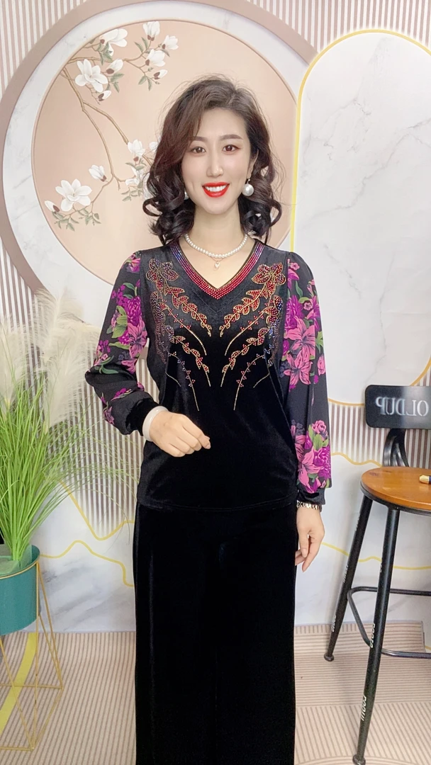 【沐丹阁女装】秋季时尚显瘦洋气小衫烫钻百搭加肥加大妈妈装上衣
