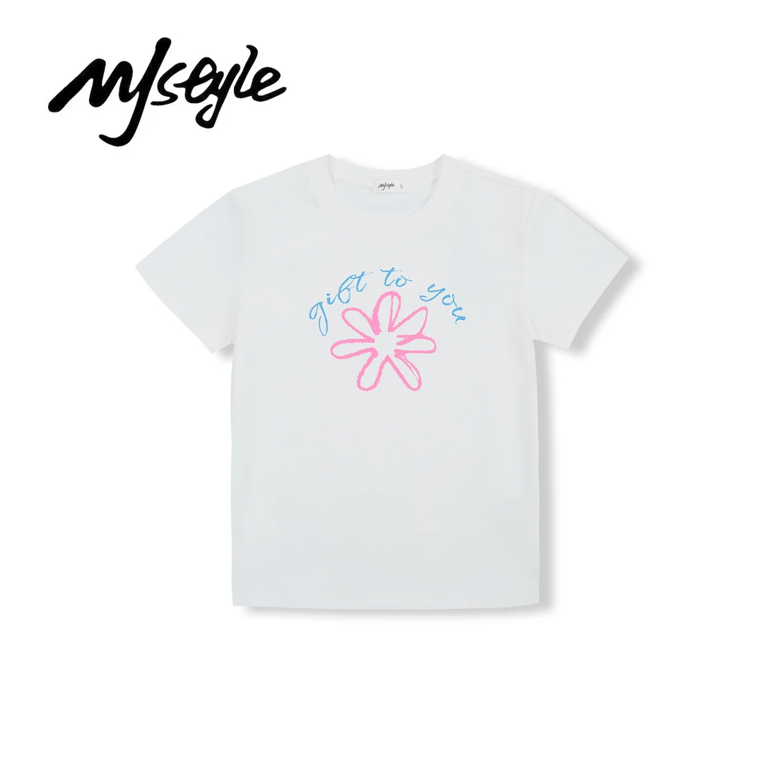 夏季减龄小花字母印花设计感短袖圆领正肩纯色百搭显瘦休闲上衣t