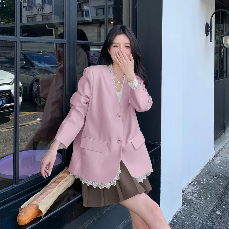 蕾丝拼接小香风西装外套女2025春新款气质独特超好看休闲西服