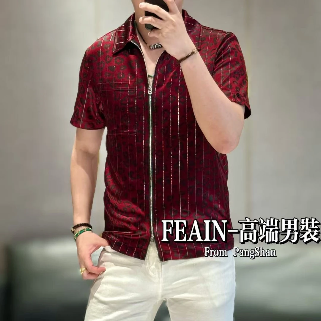 【100%真醋酸】高端进口醋酸竖条纹掐丝工艺豹纹双开拉链夹克1706