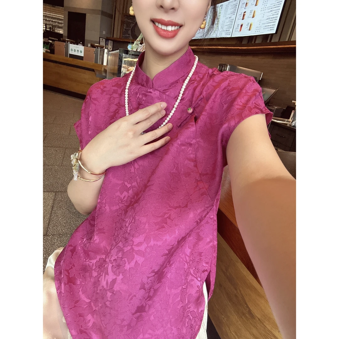 【深圳罗依】原创真丝衬衫女桑蚕丝花罗提花火龙果色立领气质上衣