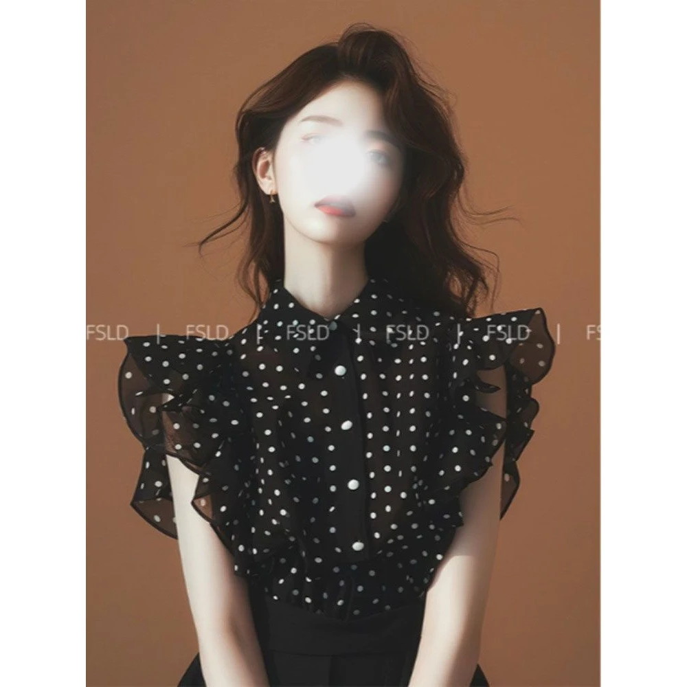 法式黑色波点无袖雪纺衬衫女夏季今年流行漂亮小衫超仙飞飞袖上衣