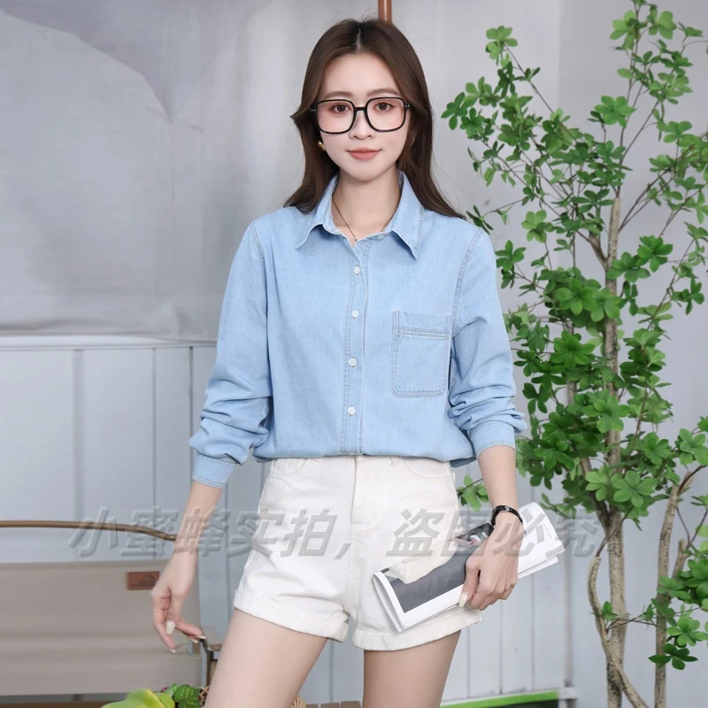 浅蓝色复古港风软牛仔衬衫女正肩内搭叠穿2025春季新款小个子上衣