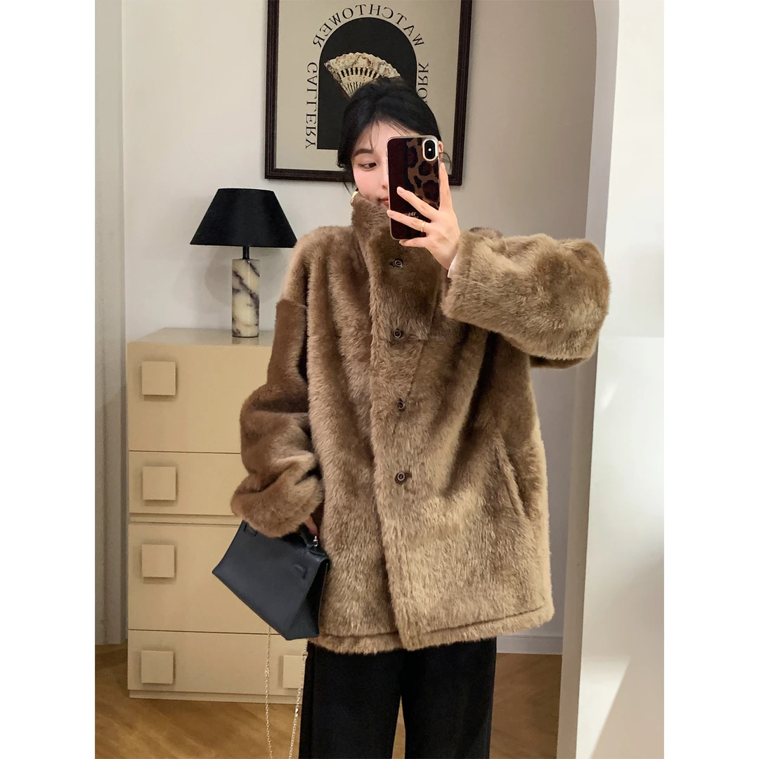 妍小小进口A级美利奴中古风皮毛一体女外套立领可翻中长款
