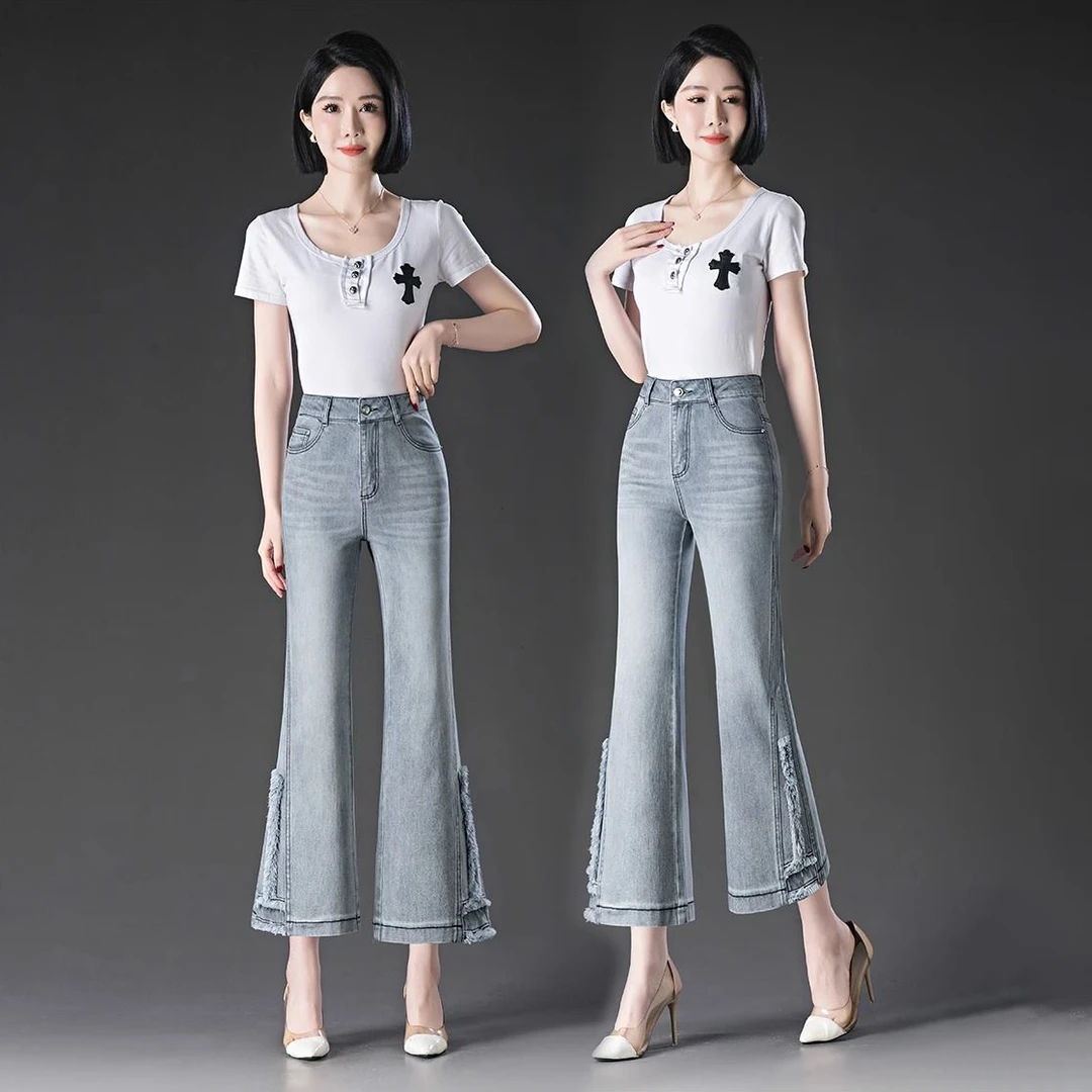 2025年新款夏季薄款烟灰色微喇牛仔裤女小个子高腰显瘦九分喇叭裤