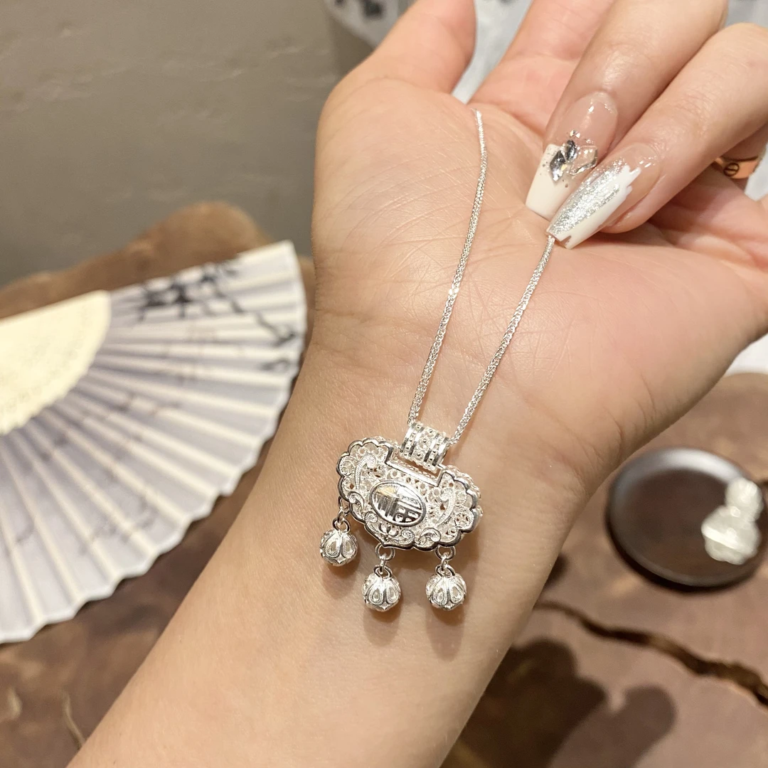 坠链均足银 小花丝8克平安富贵锁套链 足银百搭时尚手工国风坠链