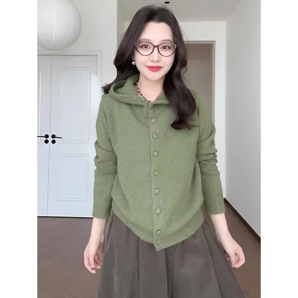 JIU【绵绵奶酥】时尚百搭气质连帽设计感法式重工秋冬针织衫女上衣