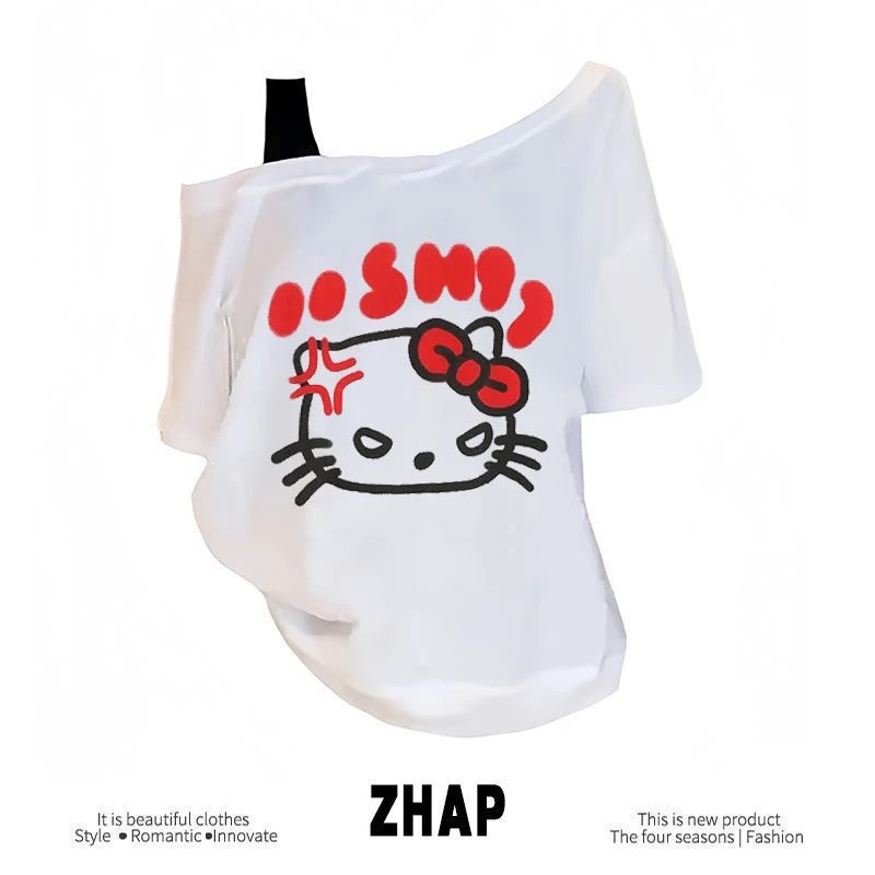 【ZHAP】夏季新款单肩露肩吊带宽松短袖kitty印花t恤女遮肉显瘦上衣