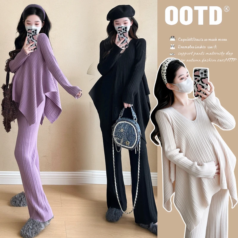 孕妇秋装套装2025新款时尚针织上衣春秋款时髦毛衣裤子两件套秋冬