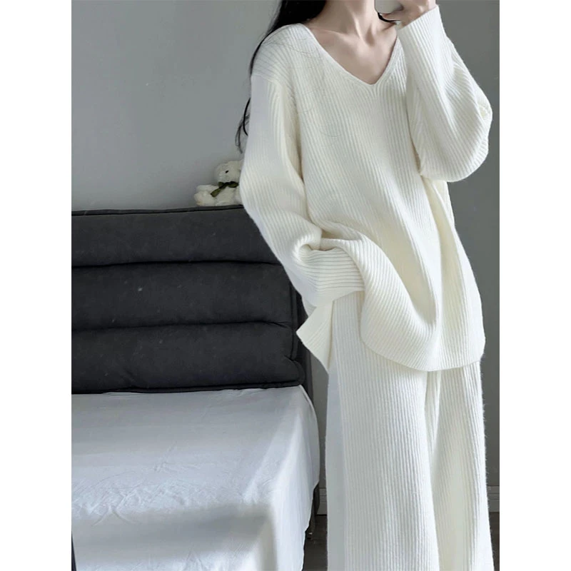 2025秋季新款女士气质慵懒显瘦百搭针织长袖上衣休闲阔腿裤两件套