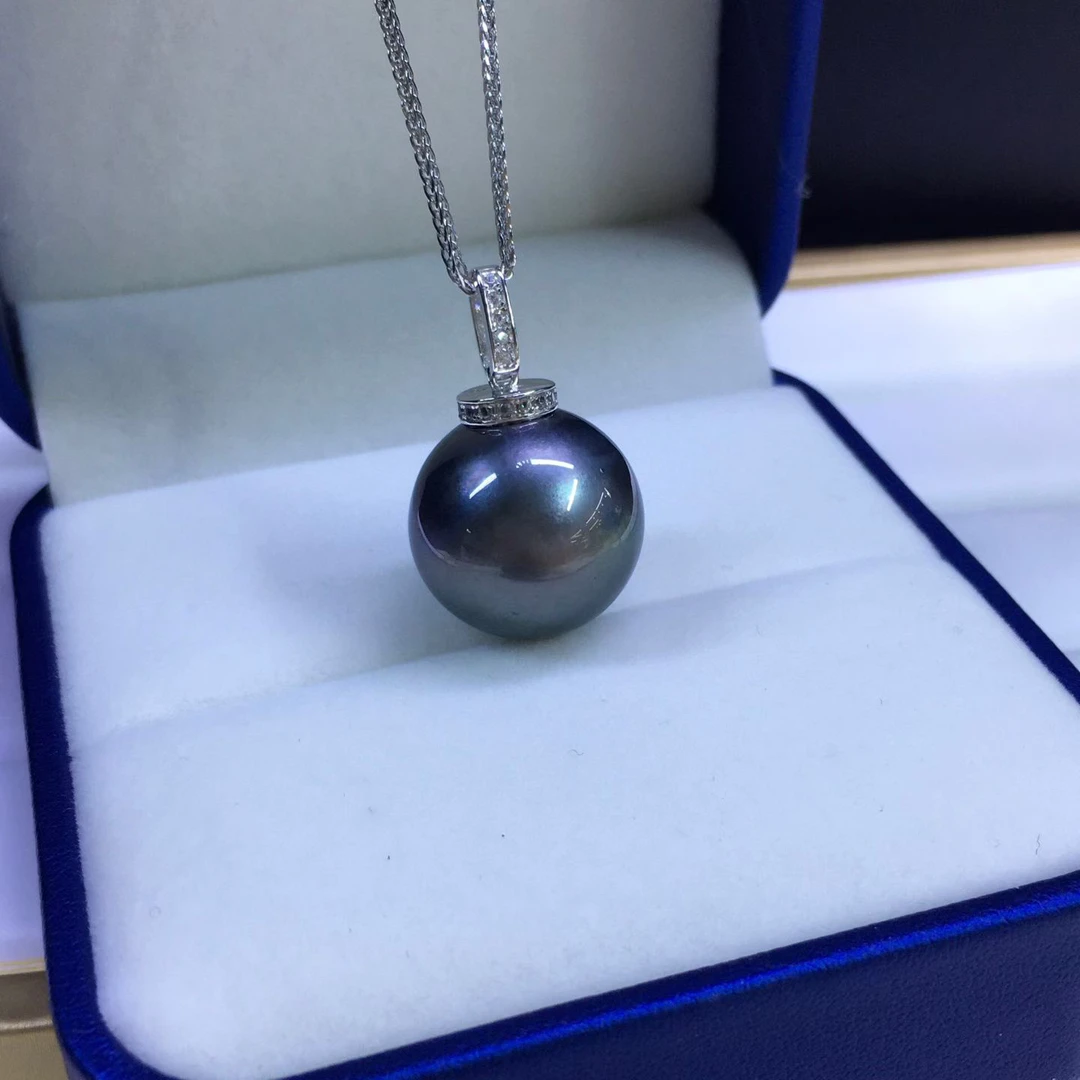 海水大溪地黑珍珠吊坠16mm镶嵌银 正圆 极光 轻微细纹上身看不见