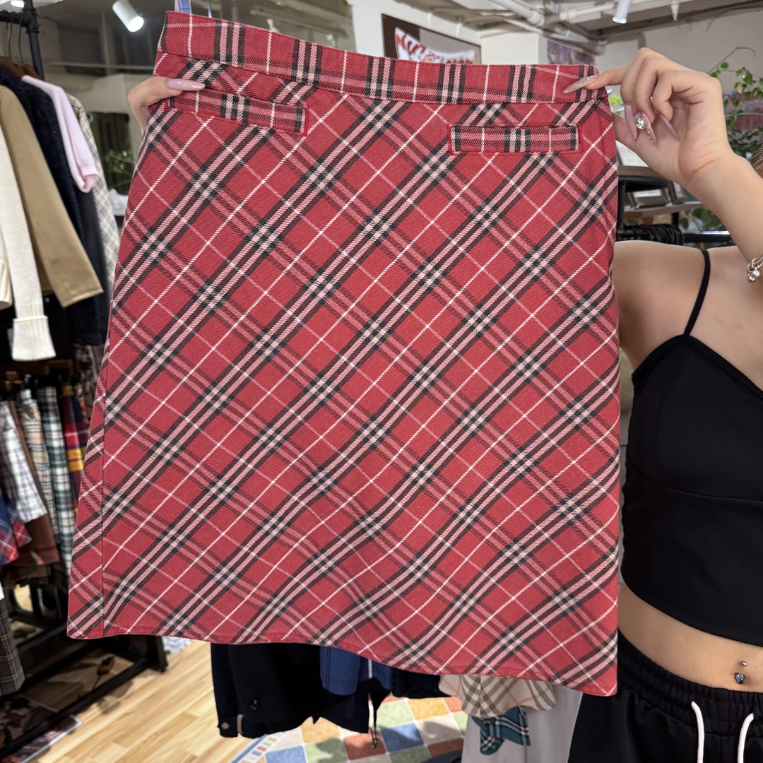 中古粉色格纹半裙