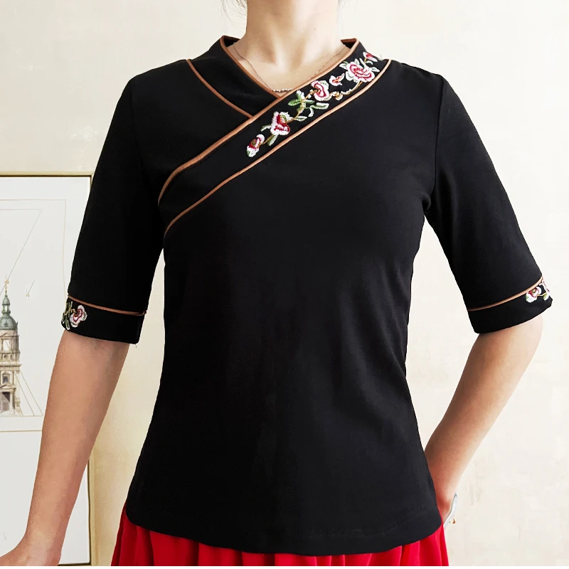 广场舞服装黑色民族舞绣花中袖T恤女国风上衣演出跳舞衣服日常穿