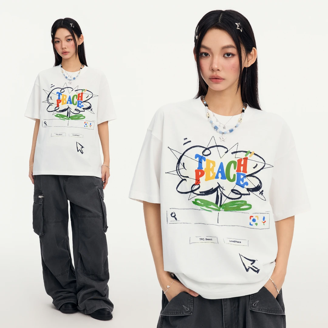 Teach Peace “搜索引擎”缤纷夏日花开短袖宽松趣味涂鸦T恤夏季