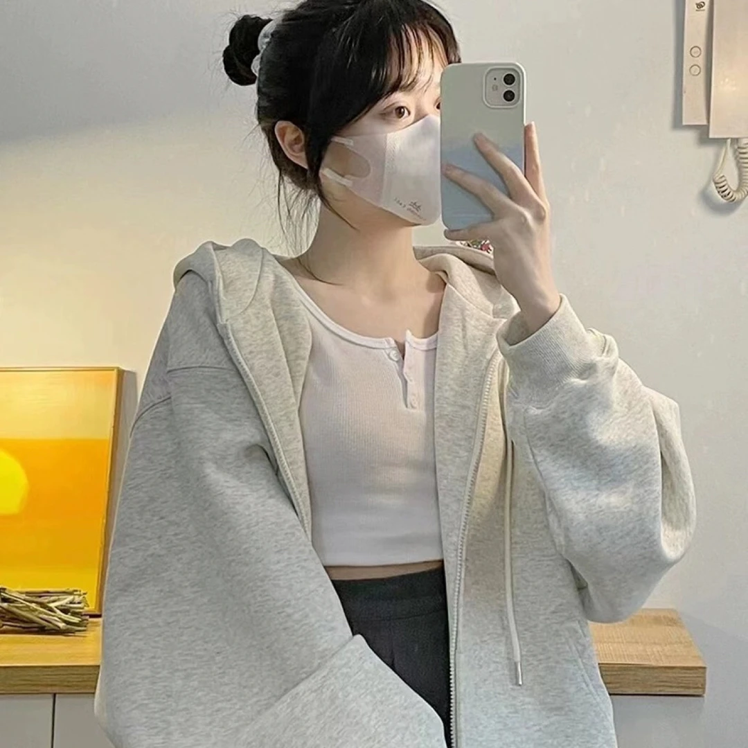 100%纯棉加绒韩系慵懒风刺绣加绒连帽卫衣女秋冬季宽松开衫外套