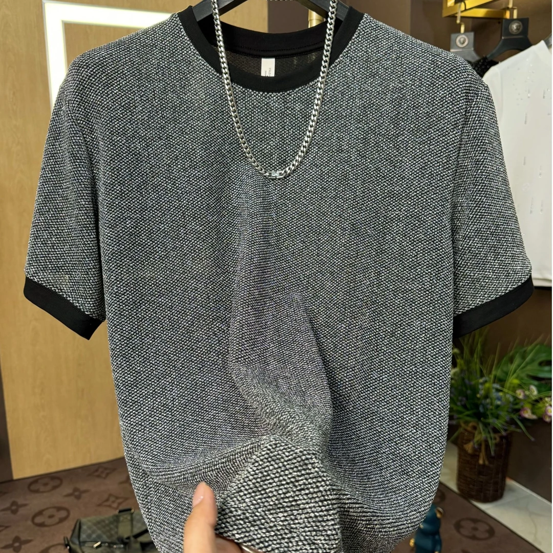 男士夏季拼接中袖满天星商务落肩袖T恤半袖韩版休闲修身时尚短袖