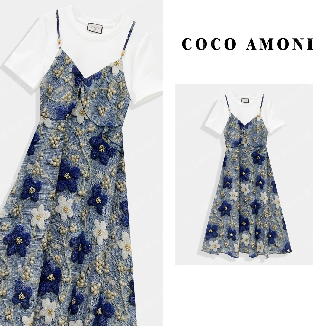 高级设计师新款定制女装拼接重工假两件气质显瘦连衣裙ZC845