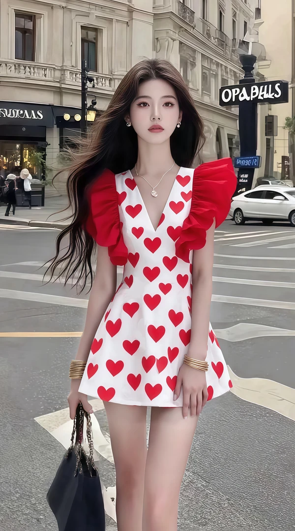 夏季新款2025轻奢优雅爱心印花V领拼接设计收腰连衣裙女显瘦时尚