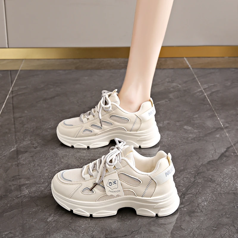 网红百搭透气女鞋春夏厚底老爹鞋学生网面小白鞋ins夏真皮运动鞋